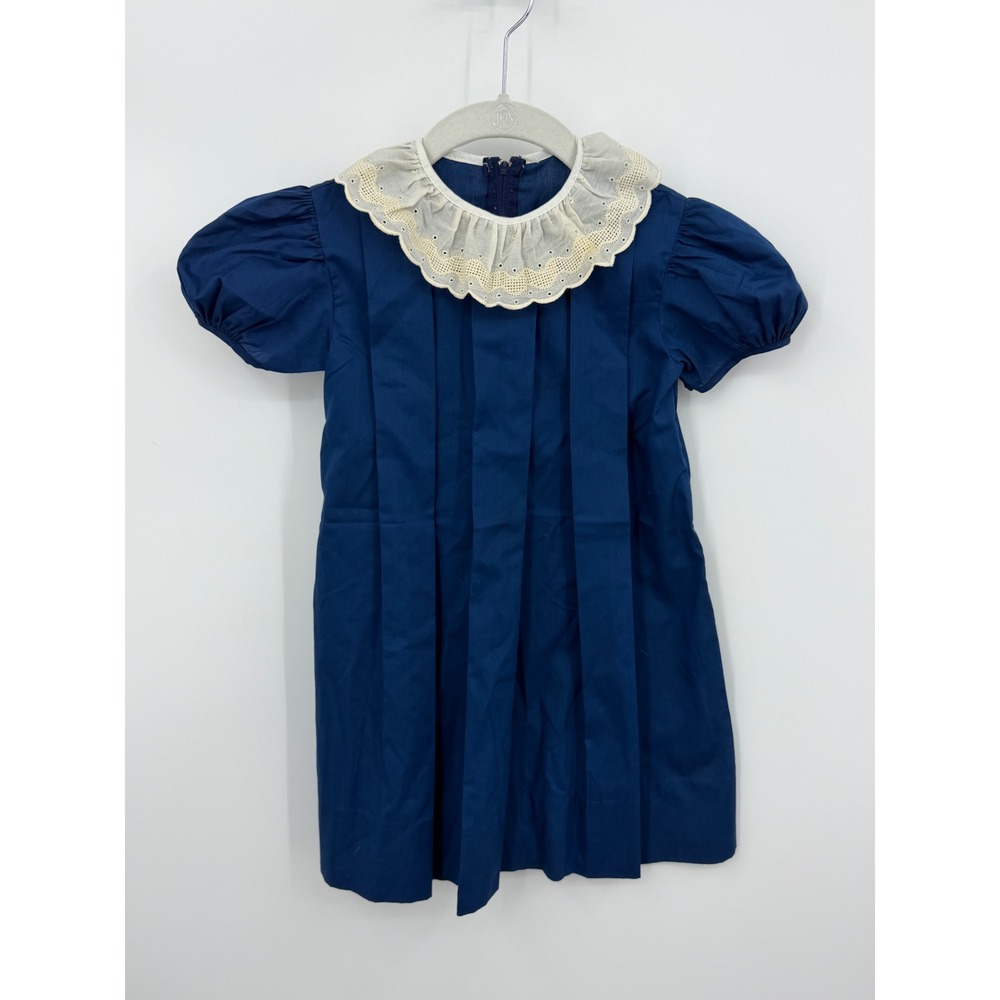 Jayne Copeland Pleated Dress Kids Size 6 Navy Blue Eyelet Lace Collar Vintage